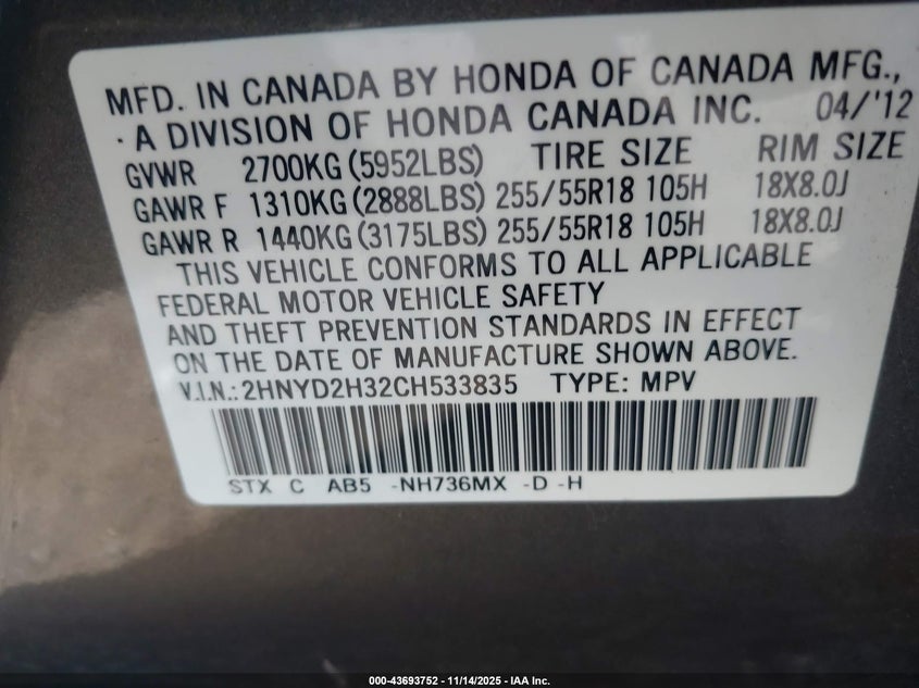2012 Acura Mdx Technology Package VIN: 2HNYD2H32CH533835 Lot: 43693752