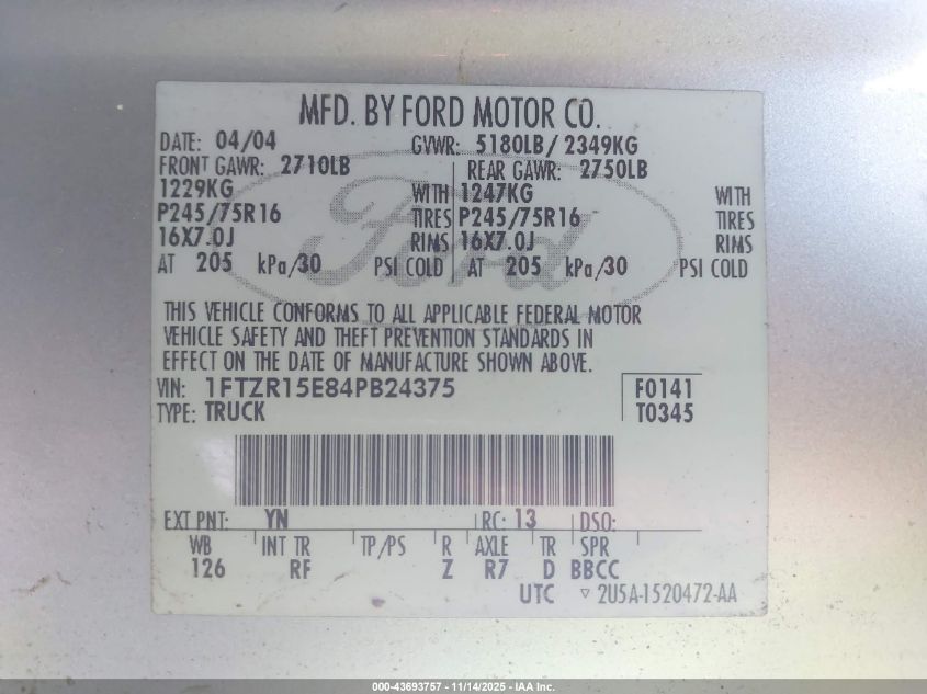 2004 Ford Ranger Xlt VIN: 1FTZR15E84PB24375 Lot: 43693757