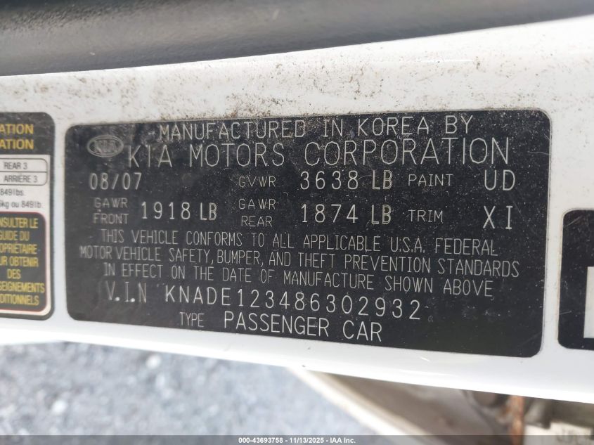 2008 Kia Rio Sx VIN: KNADE123486302932 Lot: 43693758