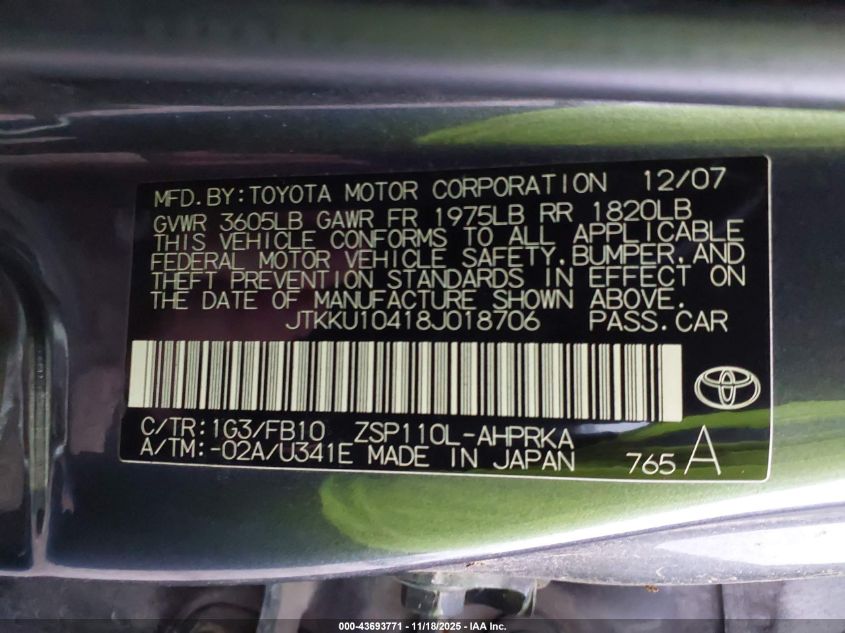 2008 Scion Xd VIN: JTKKU10418J018706 Lot: 43693771