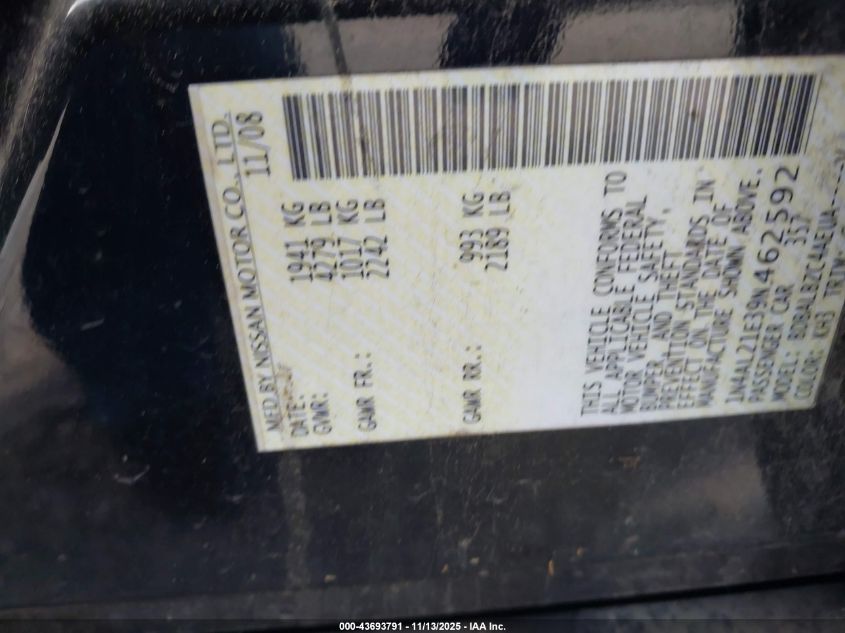 2009 Nissan Altima 2.5 S VIN: 1N4AL21E39N462592 Lot: 43693791