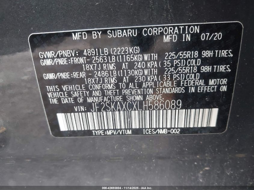 2020 Subaru Forester Touring VIN: JF2SKAXCXLH586089 Lot: 43693804