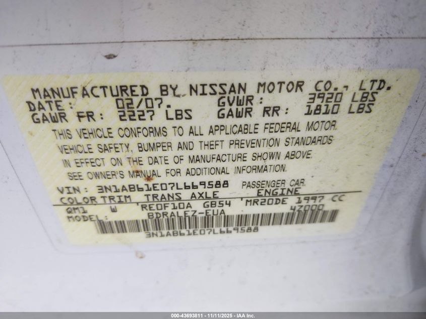 2007 Nissan Sentra 2.0S VIN: 3N1AB61E07L669588 Lot: 43693811