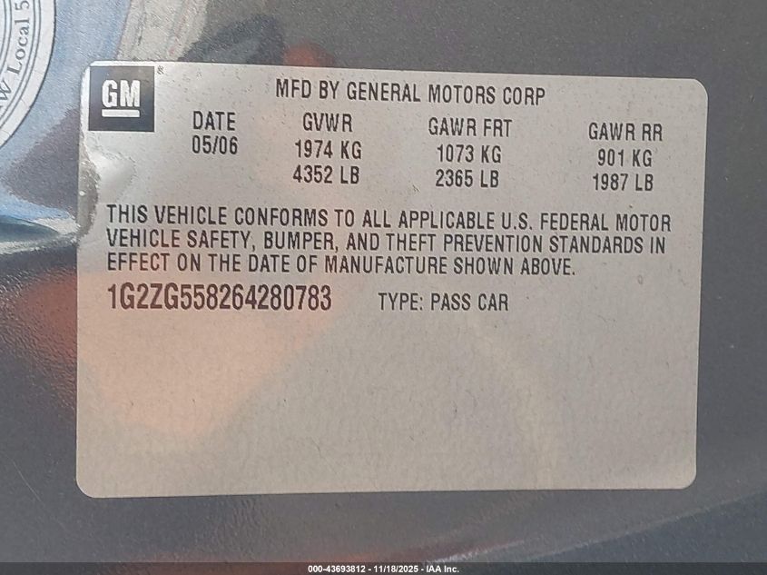 2006 Pontiac G6 VIN: 1G2ZG558264280783 Lot: 43693812