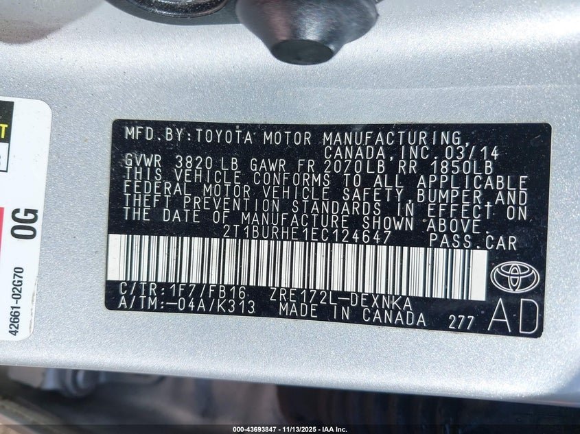 2T1BURHE1EC124647 2014 TOYOTA COROLLA photo no. 9