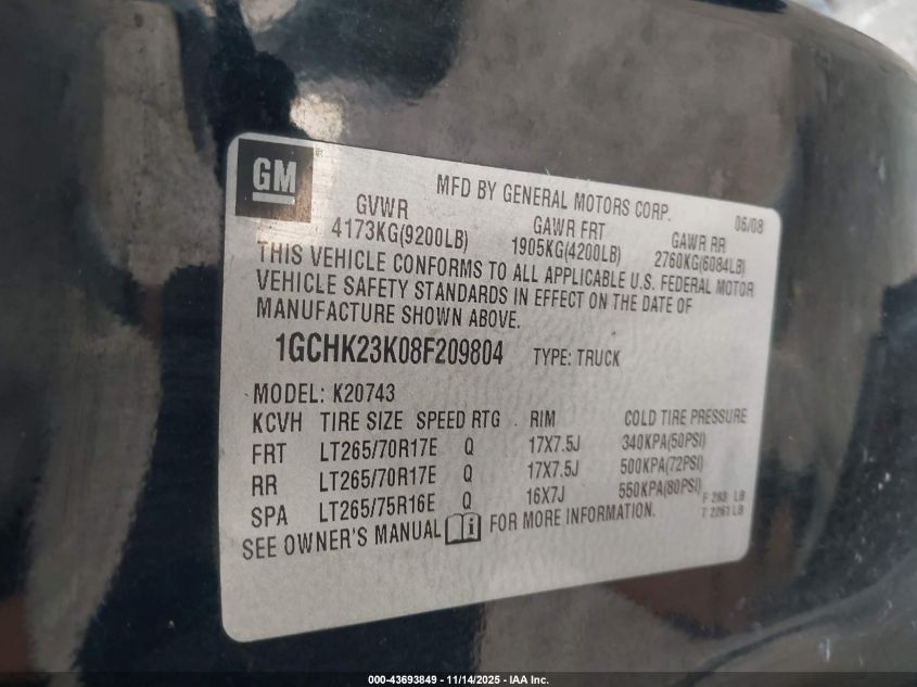 2008 Chevrolet Silverado 2500Hd Lt2 VIN: 1GCHK23K08F209804 Lot: 43693849