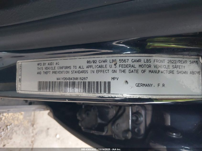2003 Audi Allroad 2.7T VIN: WA1YD64B43N016287 Lot: 43693853