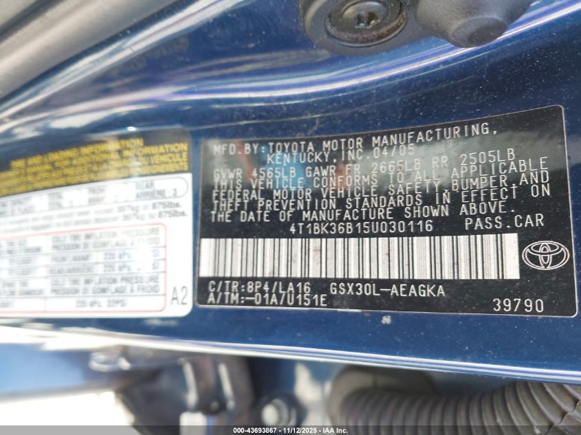 2005 Toyota Avalon Xls VIN: 4T1BK36B15U030116 Lot: 43693867