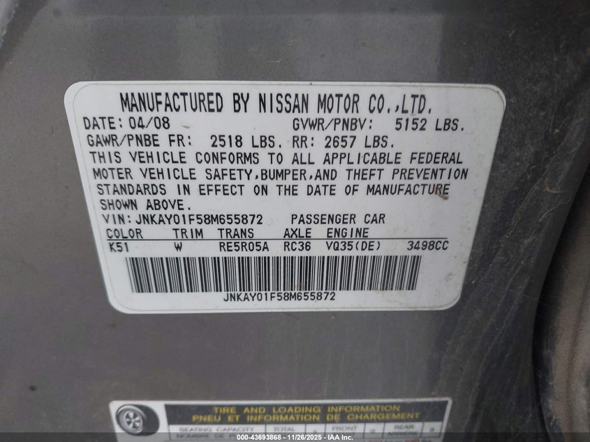 2008 Infiniti M35X VIN: JNKAY01F58M655872 Lot: 43693868