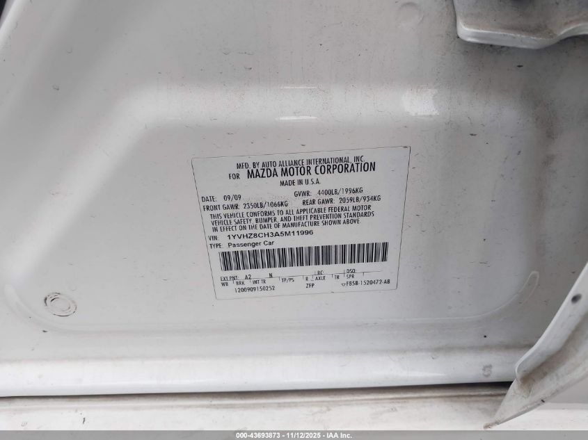 2010 Mazda Mazda6 I Touring VIN: 1YVHZ8CH3A5M11996 Lot: 43693873