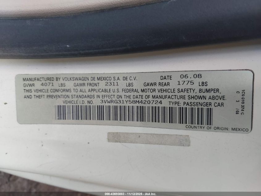 2008 Volkswagen New Beetle Se VIN: 3VWRG31Y58M420724 Lot: 43693883