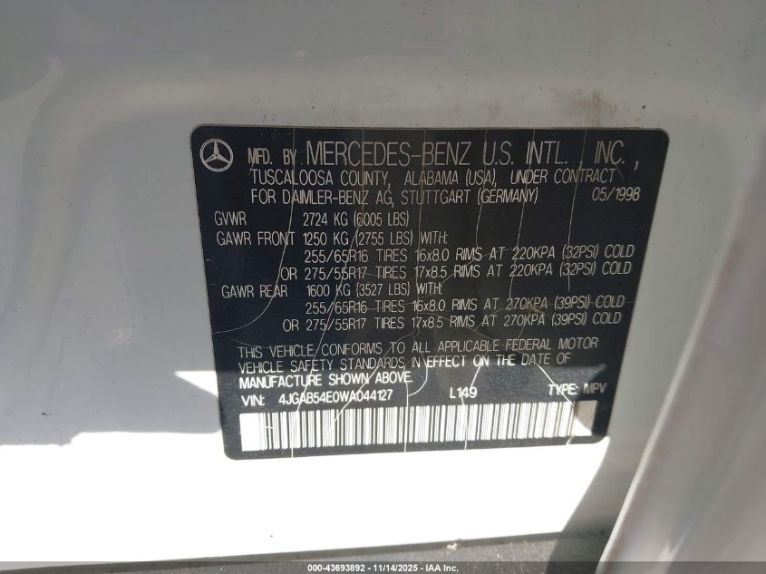 1998 Mercedes-Benz Ml 320 Classic VIN: 4JGAB54E0WA044127 Lot: 43693892