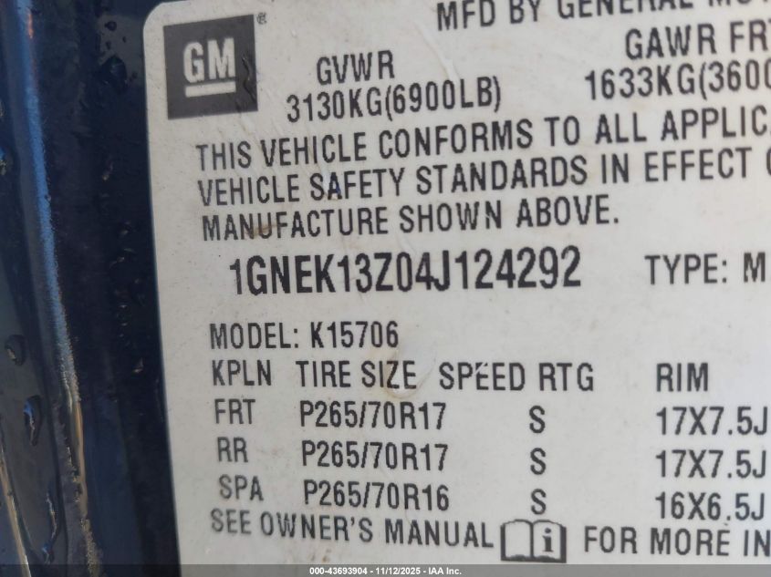 2004 Chevrolet Tahoe Lt VIN: 1GNEK13Z04J124292 Lot: 43693904