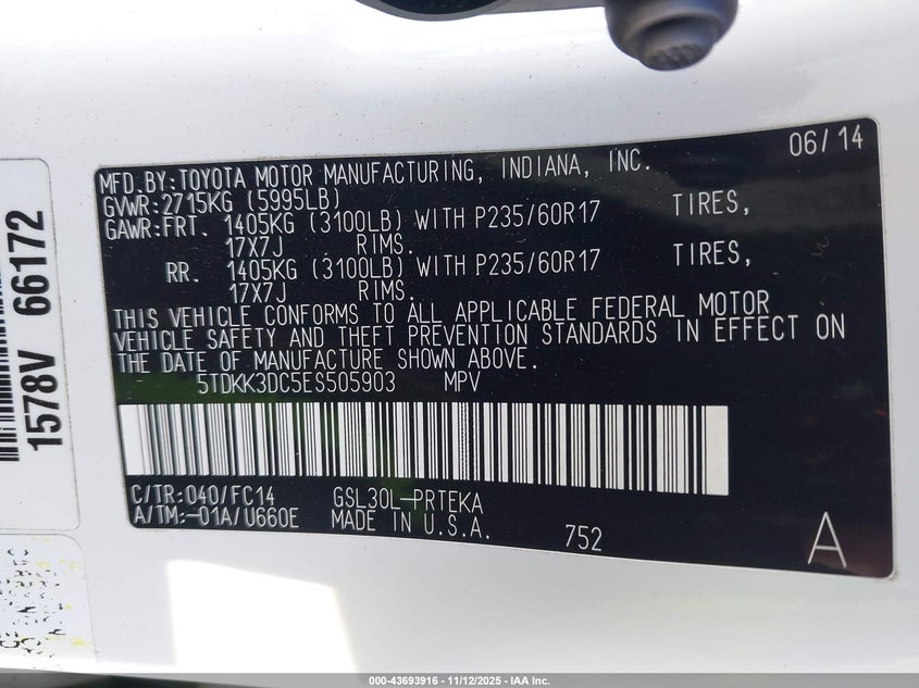 2014 Toyota Sienna Le V6 8 Passenger VIN: 5TDKK3DC5ES505903 Lot: 43693916