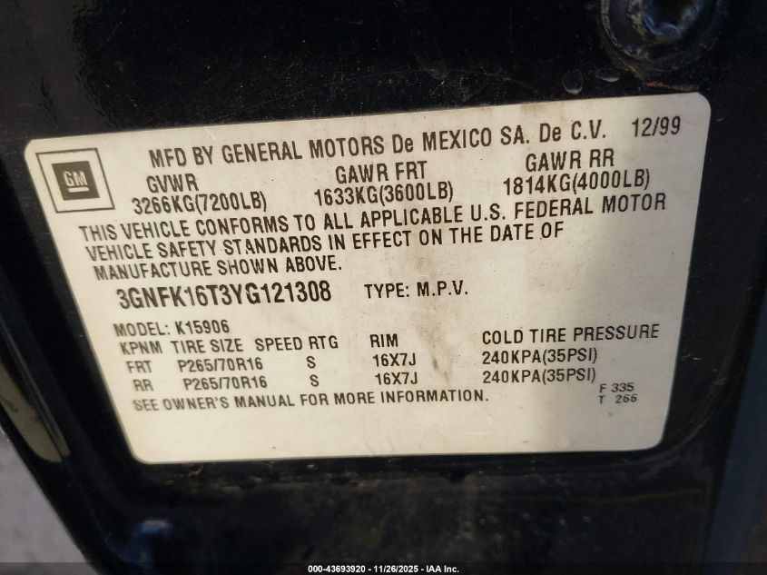 2000 Chevrolet Suburban 1500 Lt VIN: 3GNFK16T3YG121308 Lot: 43693920