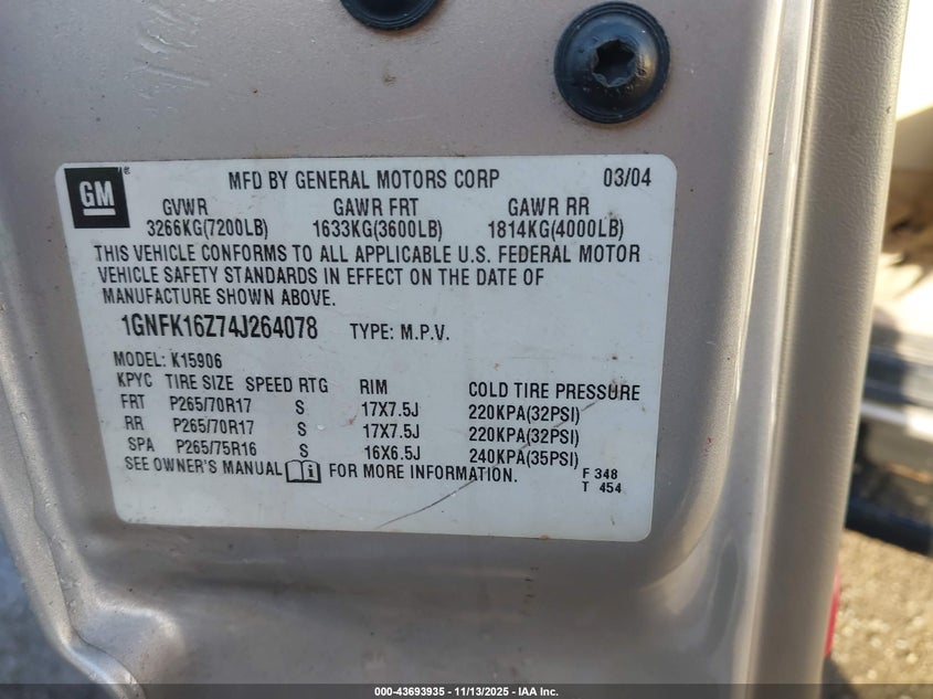 2004 Chevrolet Suburban 1500 Lt VIN: 1GNFK16Z74J264078 Lot: 43693935