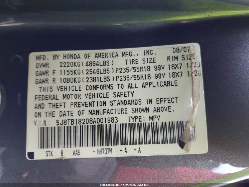 2008 Acura Rdx VIN: 5J8TB18208A001983 Lot: 43693940