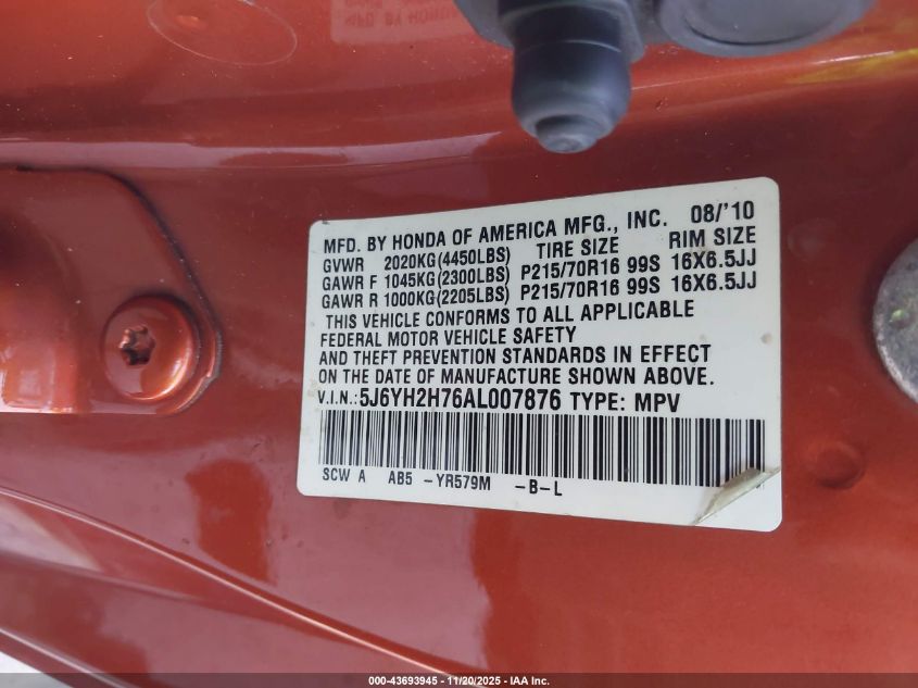 2010 Honda Element Ex VIN: 5J6YH2H76AL007876 Lot: 43693945