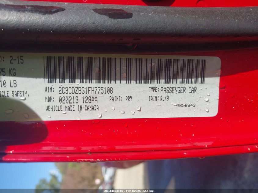 2015 Dodge Challenger Sxt Plus VIN: 2C3CDZBG1FH775108 Lot: 43693946