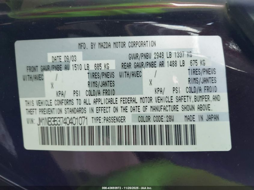 2004 Mazda Mx-5 Miata Ls VIN: JM1NB353740401071 Lot: 43693972