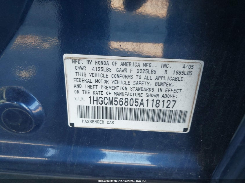 1HGCM56805A118127 2005 HONDA ACCORD photo no. 9