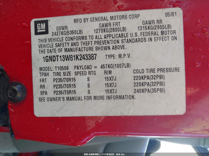 2001 Chevrolet Blazer Lt VIN: 1GNDT13W81K243387 Lot: 43693981