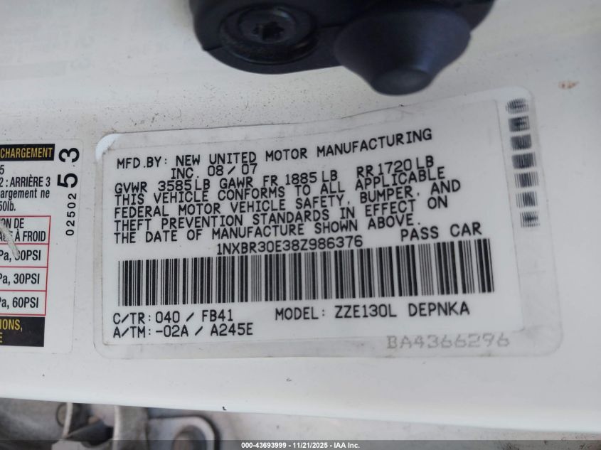 2008 Toyota Corolla Le VIN: 1NXBR30E38Z986376 Lot: 43693999