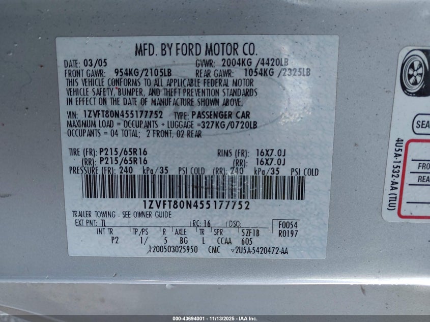 1ZVFT80N455177752 2005 FORD MUSTANG photo no. 9