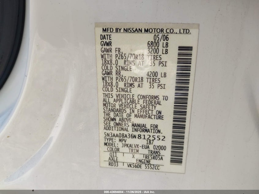 2006 Infiniti Qx56 VIN: 5N3AA08A36N812552 Lot: 43694004