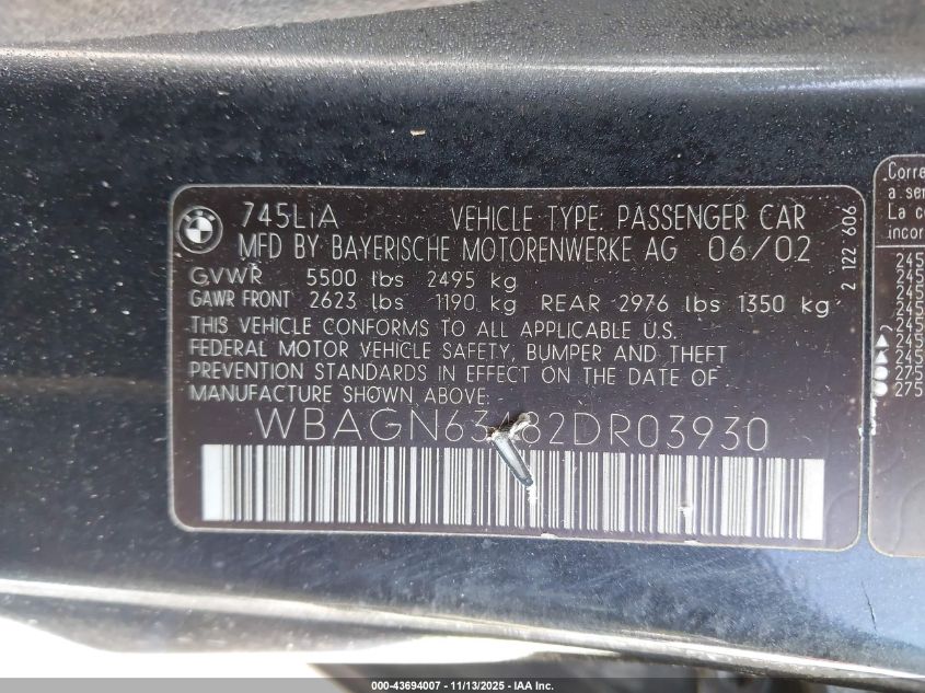 2002 BMW 745Li VIN: WBAGN63482DR03930 Lot: 43694007