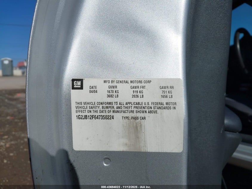 2004 Pontiac Sunfire VIN: 1G2JB12F647350224 Lot: 43694022