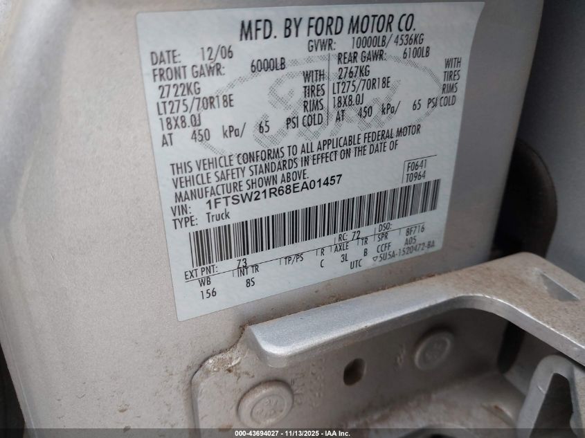2008 Ford F-250 Fx4/Harley-Davidson/King Ranch/Lariat/Xl/Xlt VIN: 1FTSW21R68EA01457 Lot: 43694027