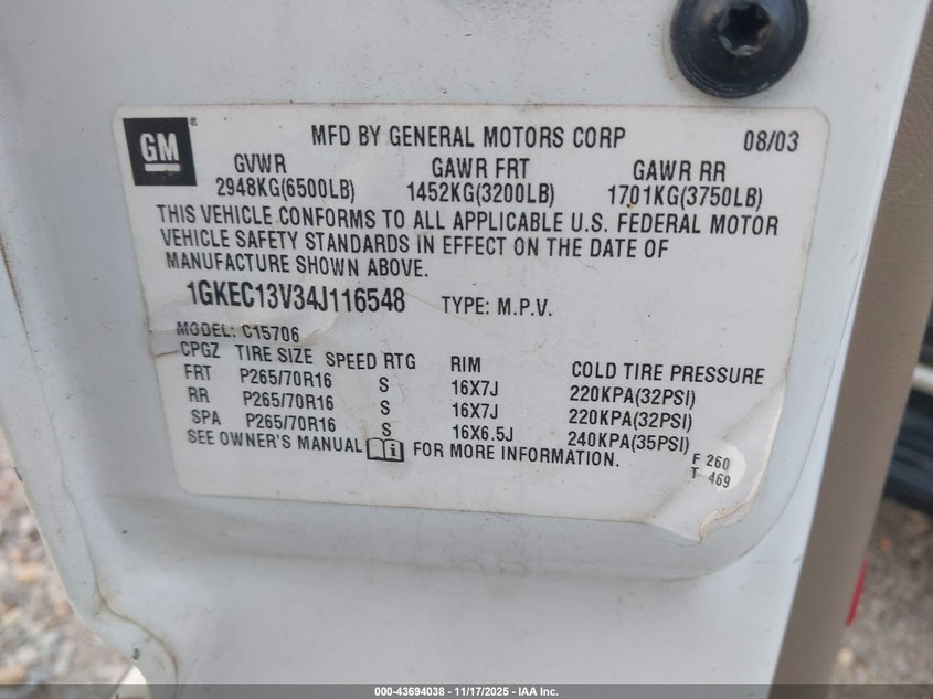 2004 GMC Yukon Sle VIN: 1GKEC13V34J116548 Lot: 43694038