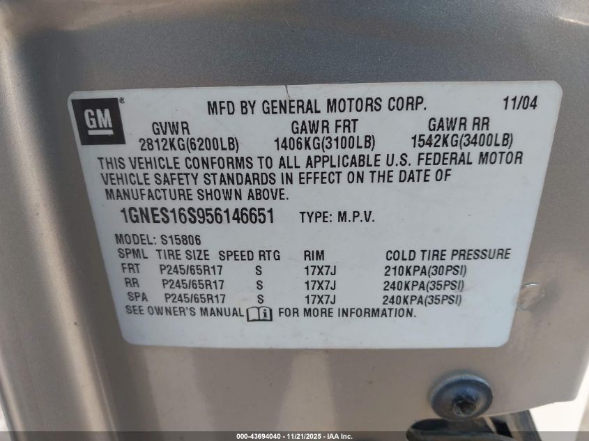 2005 Chevrolet Trailblazer Ext Ls VIN: 1GNES16S956146651 Lot: 43694040