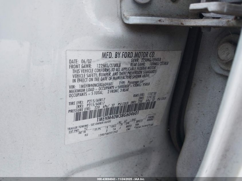 2008 Mercury Sable VIN: 1MEHM40W38G604601 Lot: 43694043