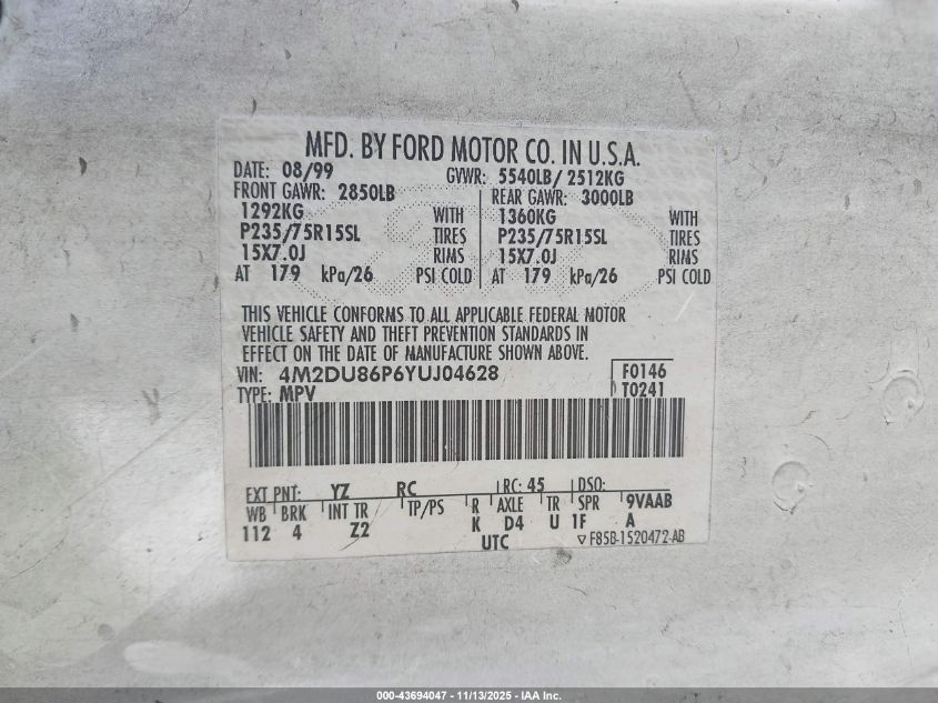 2000 Mercury Mountaineer VIN: 4M2DU86P6YUJ04628 Lot: 43694047