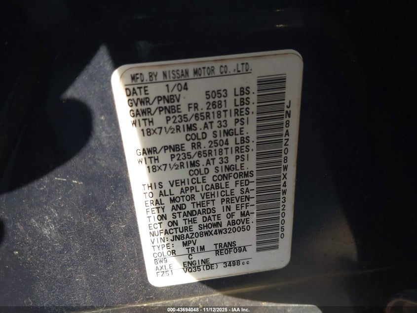 2004 Nissan Murano Sl VIN: JN8AZ08WX4W320050 Lot: 43694048