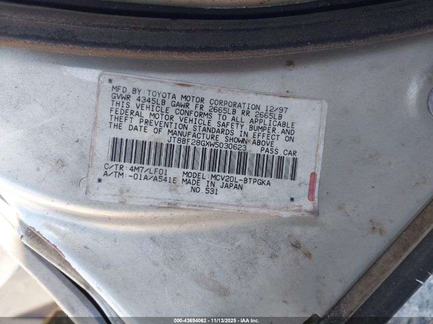 1998 Lexus Es 300 VIN: JT8BF28GXW5030623 Lot: 43694062