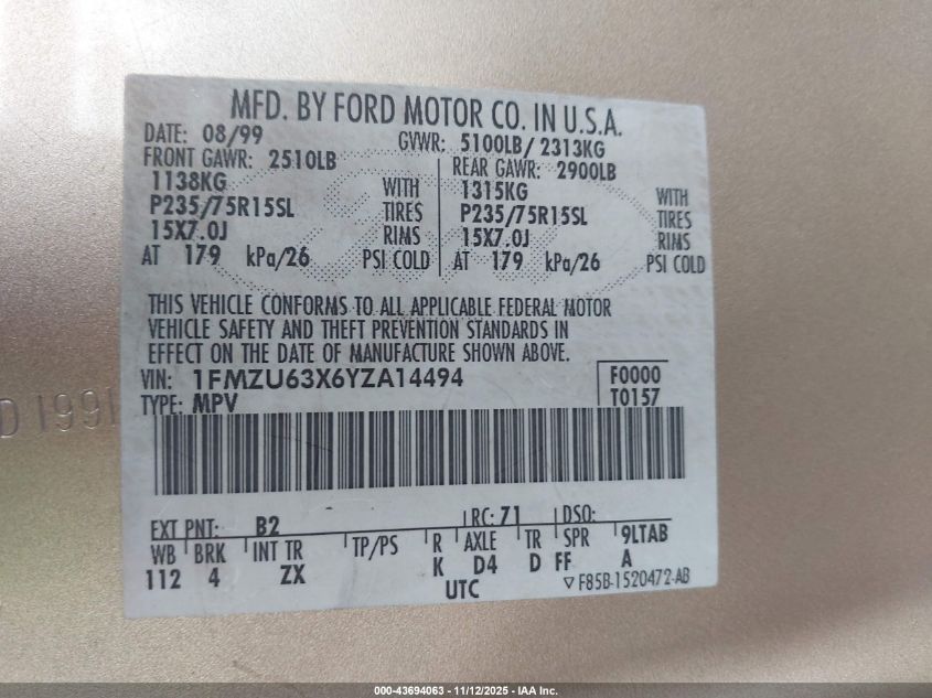 2000 Ford Explorer Xlt VIN: 1FMZU63X6YZA14494 Lot: 43694063