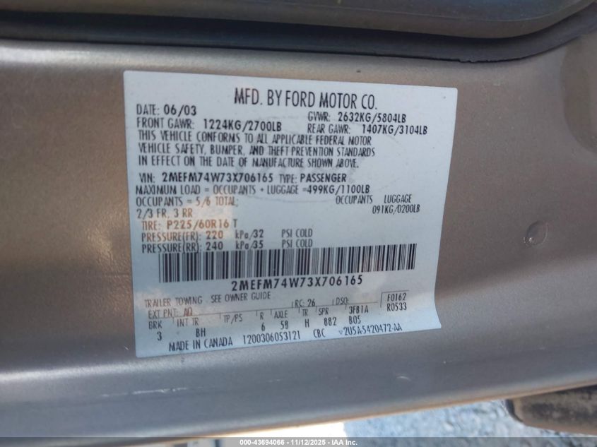 2003 Mercury Grand Marquis Gs VIN: 2MEFM74W73X706165 Lot: 43694066