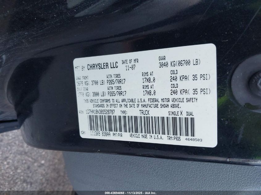 2008 Dodge Ram 1500 St/Sxt VIN: 1D7HA18N38S528787 Lot: 43694068