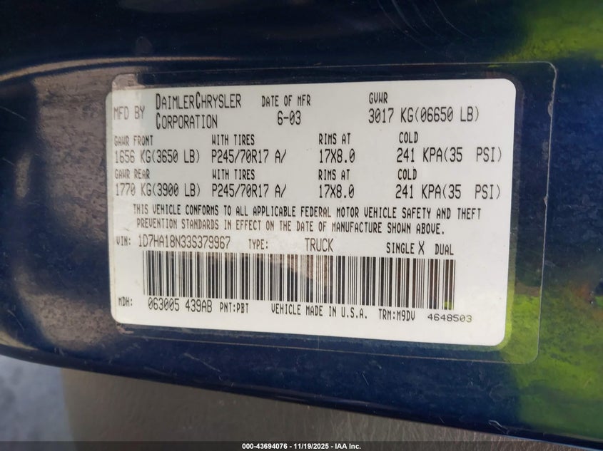 2003 Dodge Ram 1500 Slt/Laramie/St VIN: 1D7HA18N33S379967 Lot: 43694076