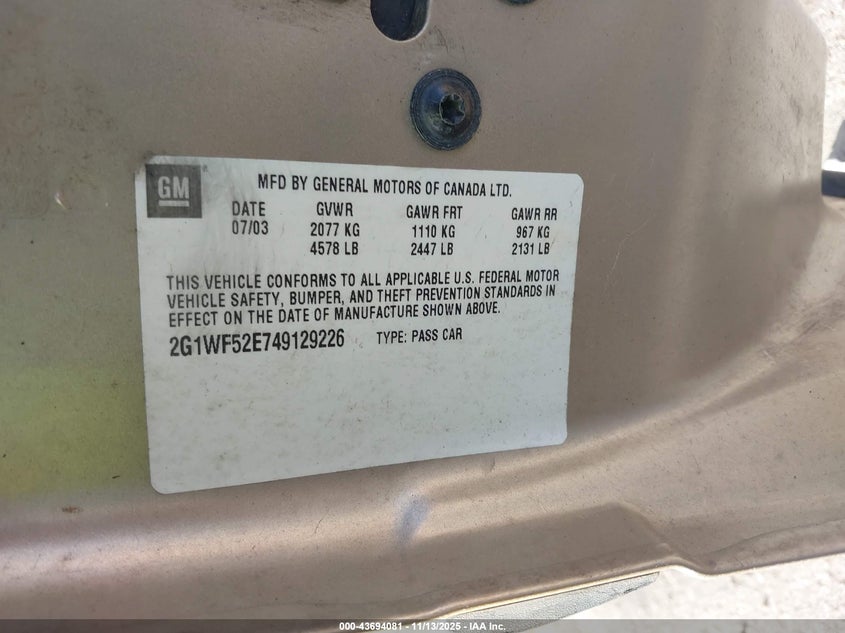 2004 Chevrolet Impala VIN: 2G1WF52E749129226 Lot: 43694081
