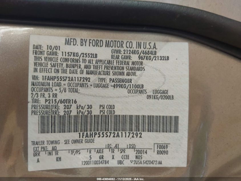 2002 Ford Taurus Ses VIN: 1FAHP55S72A117292 Lot: 43694082