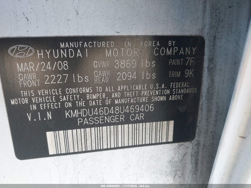 KMHDU46D48U469406 2008 HYUNDAI ELANTRA photo no. 9