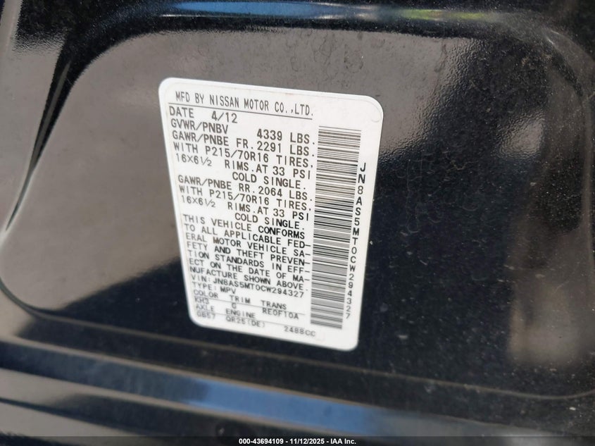 JN8AS5MT0CW294327 2012 NISSAN ROGUE photo no. 9