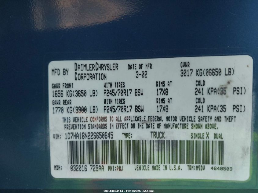 2002 Dodge Ram 1500 St VIN: 1D7HA18N22S650645 Lot: 43694114