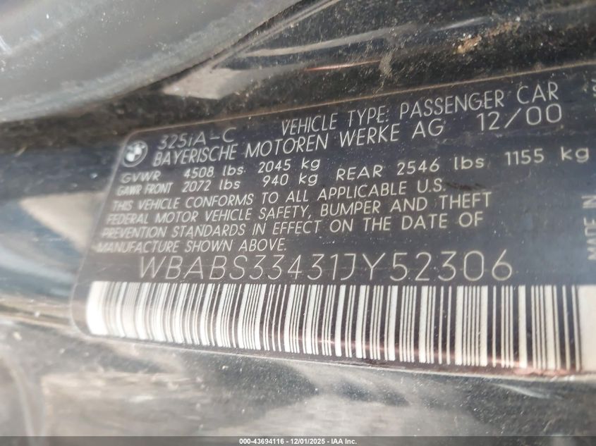 2001 BMW 325Ci VIN: WBABS33431JY52306 Lot: 43694116
