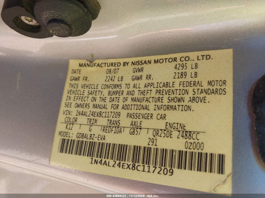 2008 Nissan Altima 2.5 S VIN: 1N4AL24EX8C117209 Lot: 43694121