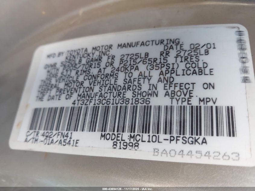 2001 Toyota Sienna Le VIN: 4T3ZF13C61U381836 Lot: 43694126